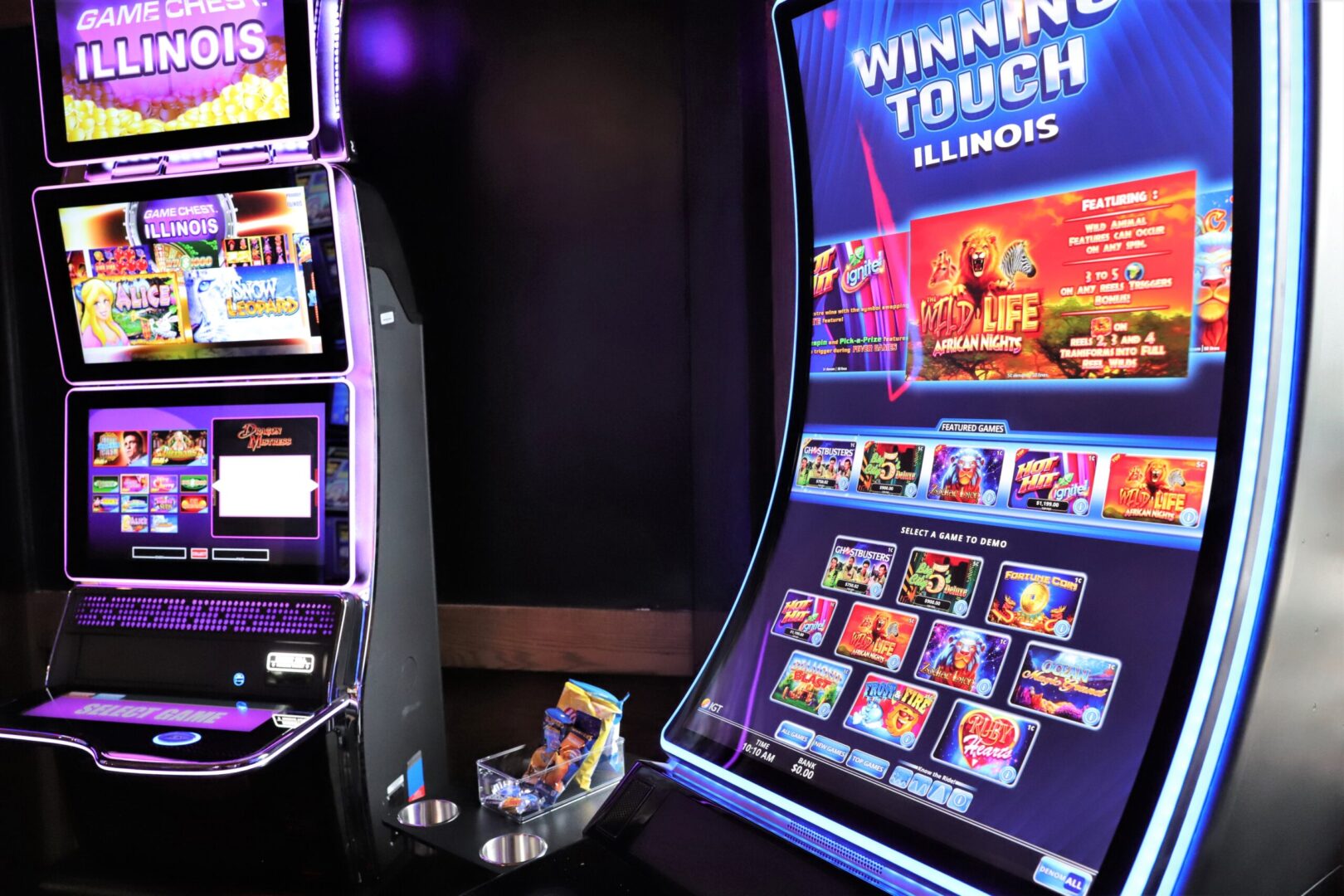 A slot machine with a large screen and many games.